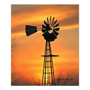 Kansas Kvarn Silhouette Sunset med moln Fototryck