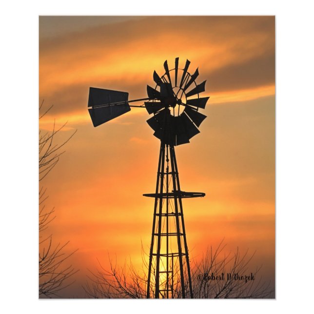 Kansas Kvarn Silhouette Sunset med moln Fototryck (Framsidan)