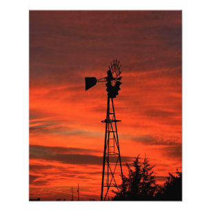 Kansas Kvarn Silhouette Sunset med moln Fototryck