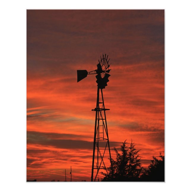 Kansas Kvarn Silhouette Sunset med moln Fototryck (Framsidan)