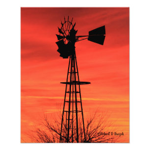 Kansas Kvarn Silhouette Sunset med moln Fototryck