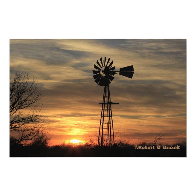 Kansas Kvarn Silhouette Sunset Photo Poster. Fototryck (Framsidan)