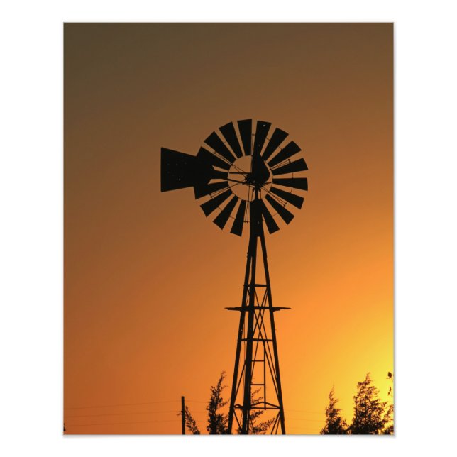 Kansas Kvarn Silhouette Sunset with clouds Phot Fototryck (Framsidan)