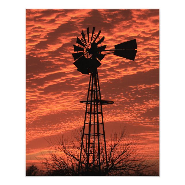 Kansas Kvarn Silhouette Sunset with clouds Phot Fototryck (Framsidan)