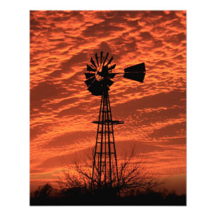 Kansas Kvarn Silhouette Sunset with clouds Phot Fototryck
