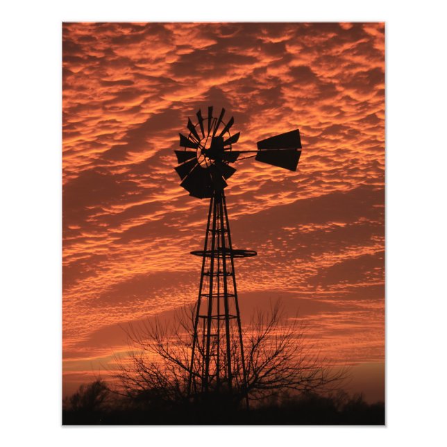 Kansas Kvarn Silhouette Sunset with clouds Phot Fototryck (Framsidan)