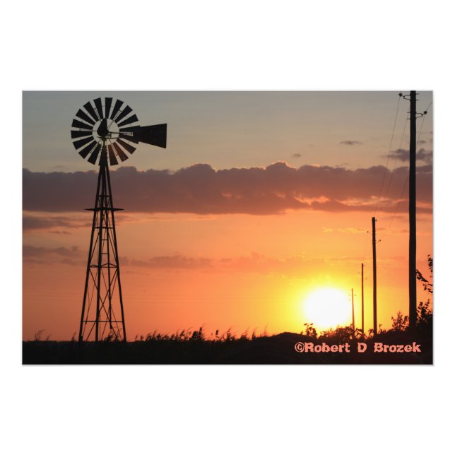 Kansas Kvarn Sunset Silhouette Photo Poster. Fototryck (Framsidan)