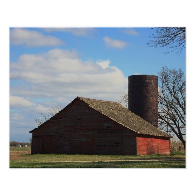 Kansas Land Red Barn med Blå himmel Fototryck (Framsidan)