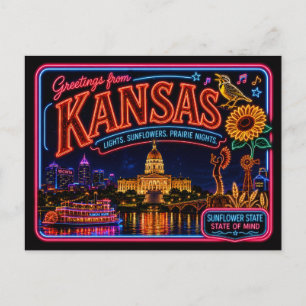 Kansas Neon State Retro Vintage Vykort