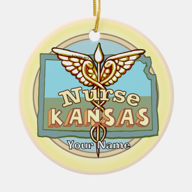 Kansas Nurse Caduceus Julgransprydnad Keramik (Framsidan)