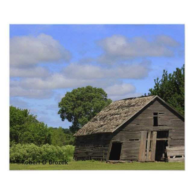 Kansas Old Barn med Blå himmel och vita moln Fototryck (Framsidan)