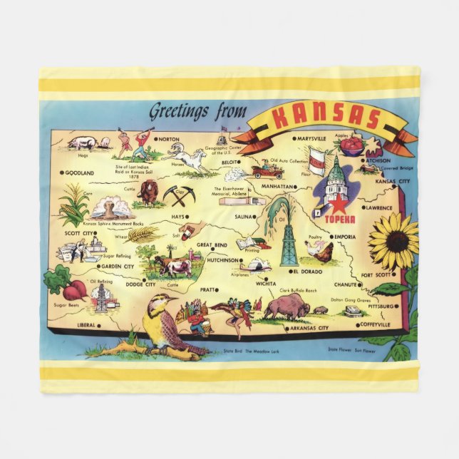 Kansas Postcard Map Throw Fleecefilt (Framsidan (Horisontell))