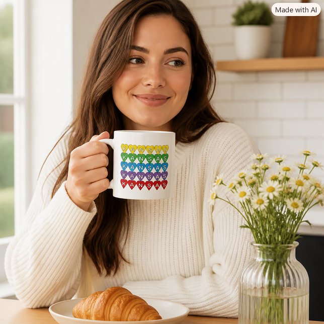 Kansas Rainbow Hearts Statens Stolthet Kaffemugg (A mug with a rainbow heart pattern that spells out Kansas.)