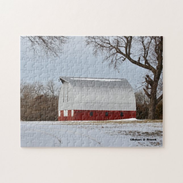 Kansas Red Land Barn med Snö Jigszawapuns Pussel (Horisontell)