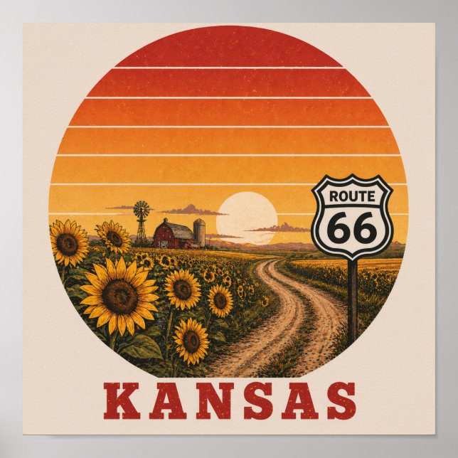 Kansas Route 66 Solros Solnedgång Poster (Framsidan)