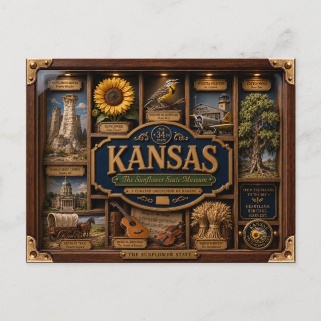 Kansas Shadow Box 3D Figurin Delstat Vykort (Framsida)