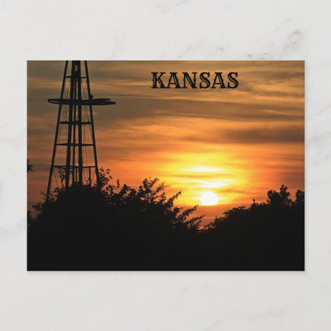 Kansas solnedgång med siluett av väderkvarn vykort (Framsida)
