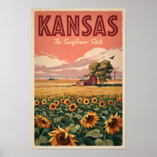 Kansas Solrosor Illustration Resekonst Vintage Poster