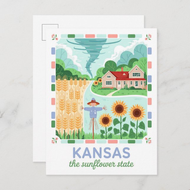Kansas Solrosstat USA Sommarresa Vykort (Fram/baksida)