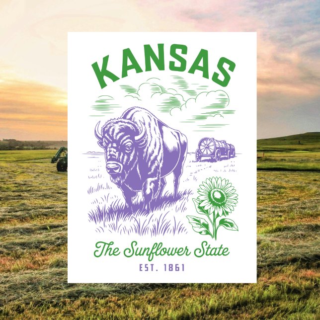Kansas Solrosstaten Est. 1861 Oxe och bondgård Vykort (Kansas The Sunflower State Est. 1861 Ox and Farm Postcard
)