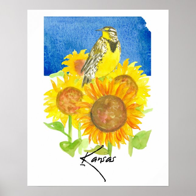 Kansas State Shape Meadowlark Sunflowers  Poster (Framsidan)