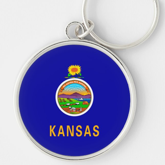 Kansas Statlig flagga Design Rund Silverfärgad Nyckelring (Framsidan)