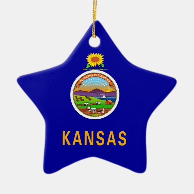 Kansas statlig flagga julgransprydnad keramik (Framsidan)