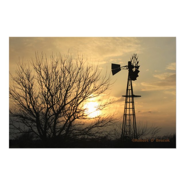 Kansas Sunset med Kvarn, moln, foto/Poster Fototryck (Framsidan)
