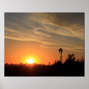 Kansas Sunset med Kvarn silhouette Poster