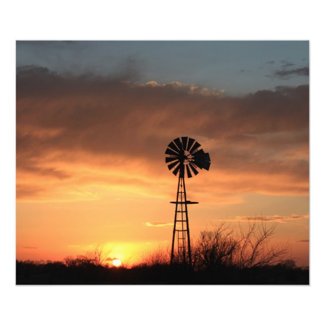 Kansas Sunset med orange himlar och Kvarn Fototryck (Framsidan)