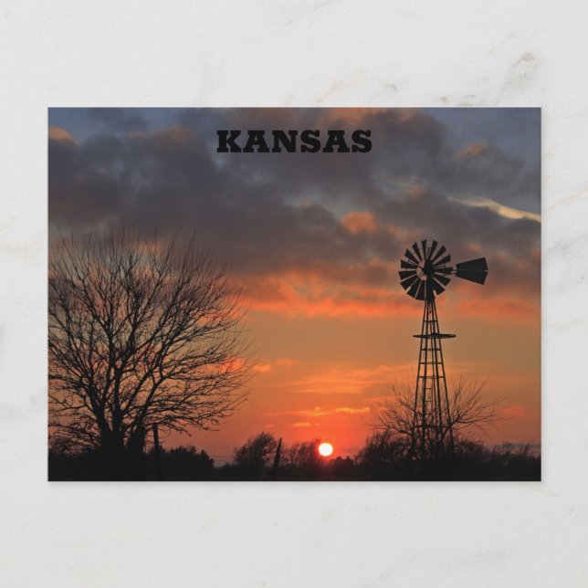 Kansas Sunset med träd och Kvarn Vykort (Framsida)