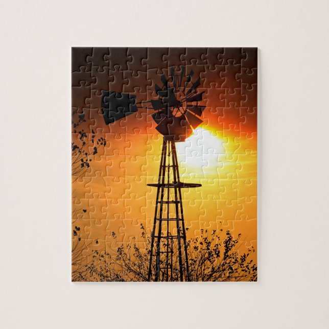 Kansas Sunset with farm Kvarn silhouette Jigszawa Pussel (Vertikal)