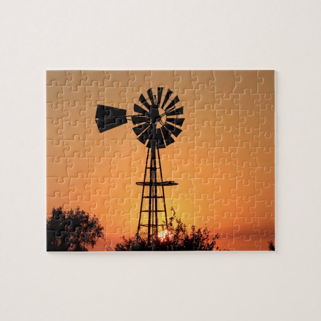 Kansas Sunset with farm Kvarn silhouette Pussel (Horisontell)