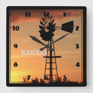 Kansas Sunset with Kvarn Silhouette Fyrkantig Klocka