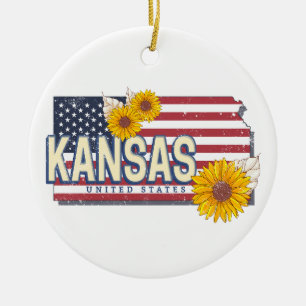 Kansas United Stater Retro State Karta Vintage USA Julgransprydnad Keramik
