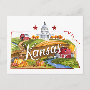 Kansas USA Delstat Formad Vintage Vattenfärg Vykort