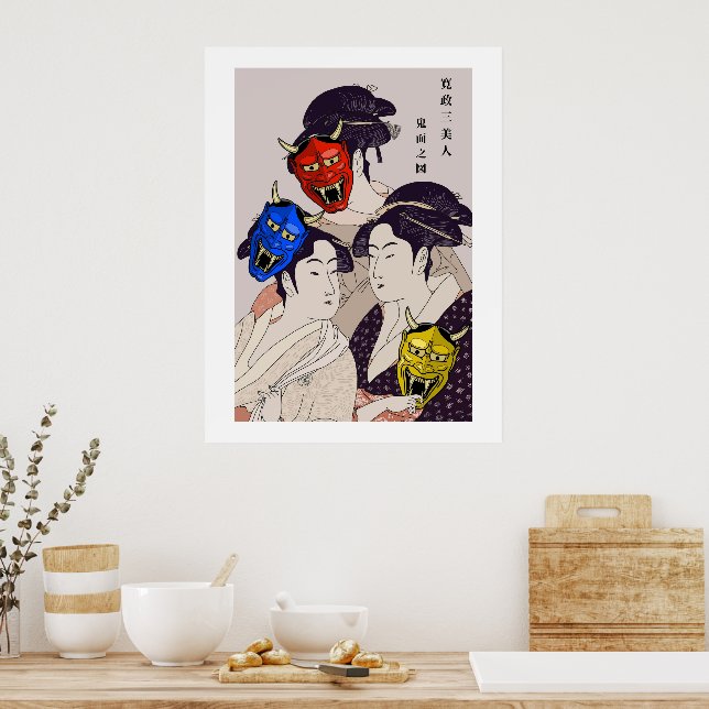 Kansei Three Beauties med röda, blå och gula Oni Poster (Kök)