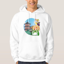 Känsla vid det japanska templet med katt och groda hoodie