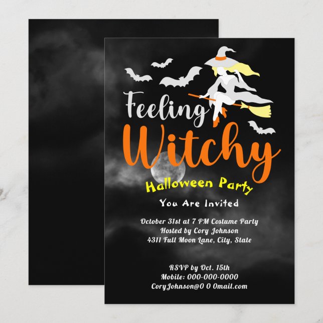 Känsla Witchy Fladdermus Måne Black Himlar Hallowe Inbjudningar (Fram/baksida)