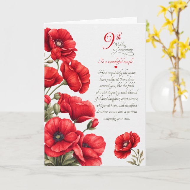 Känsliga röda vallmor för par 9-årsjubileum kort (Gul blomma)