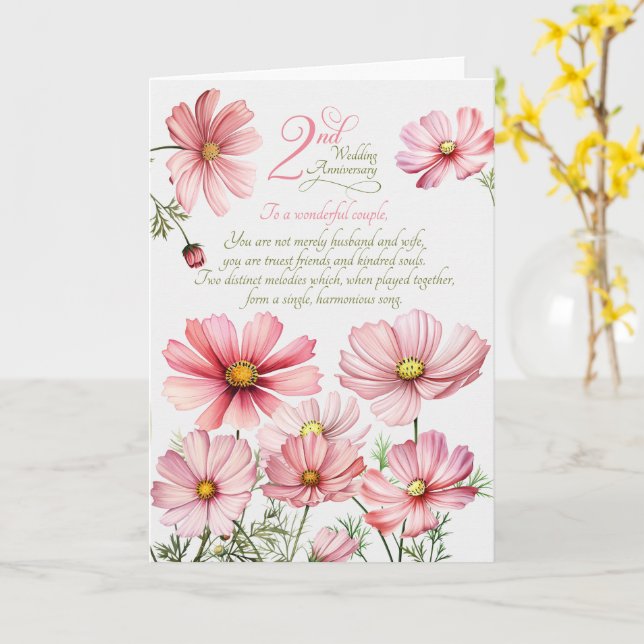 Känslosamt rosa kosmos för par som firar 2-årsjubi kort (Gul blomma)