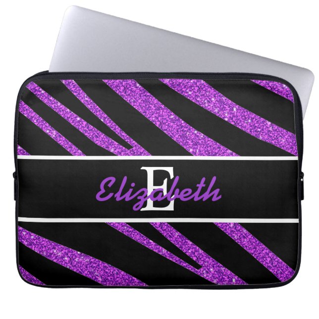 KÄNT LILAGLITTER FÖR DJÄRV SVART ZEBRA RÄNDER LAPTOP SLEEVE (Framsidan)