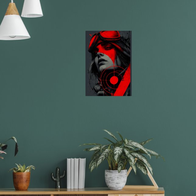 Kantig Cyberpunk Dystopisk Flicka Röd Måltavla Poster (Vardagsrum 1)
