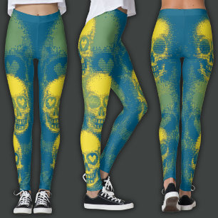 Kantig dödskalle Gul & Mörk Cyan Leggings