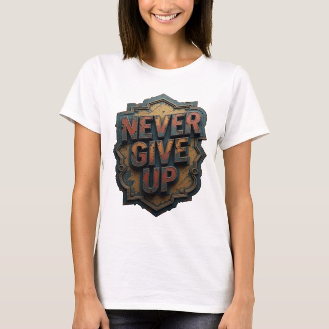 Kantig Orange ALDRIG GE UPP Slogan T-shirt (Framsida)