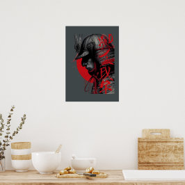 Kantig Samurajkrigare Japansk Bläck Röda Solen Poster