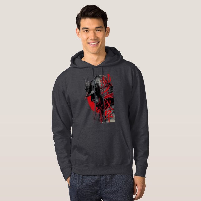 Kantig Samurajkrigare Japansk Bläckkonst Röd Sol Hoodie (Hel framsida)