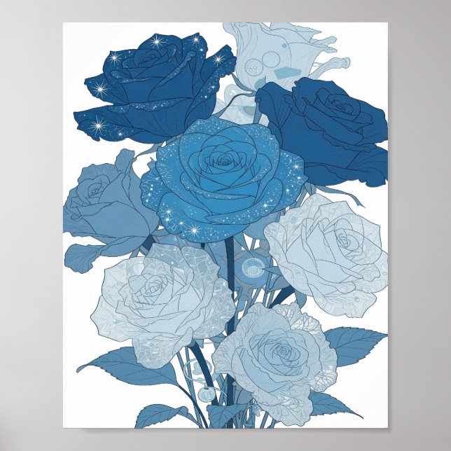 Kantig Silver BLÅ ROSOR Design Poster (Framsidan)