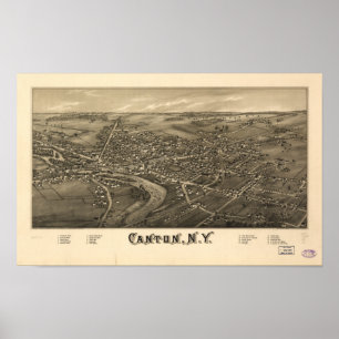 Kantonen New York 1885 Antique Panoramic Karta Poster
