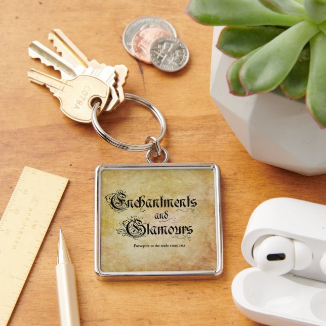 Kantverk och glamorns nyckelkedja fyrkantig silverfärgad nyckelring (Skrivbord)